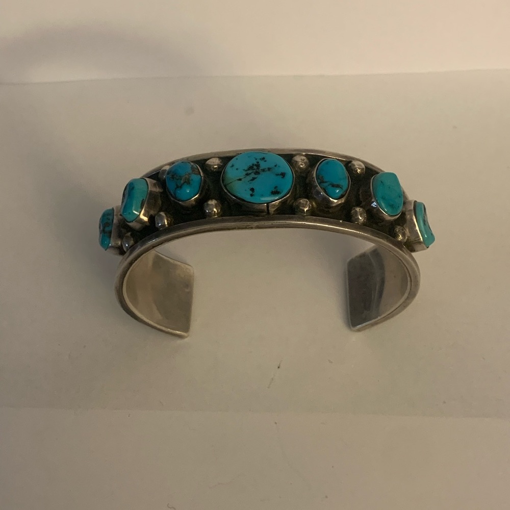 Vintage Navajo Bracelet Sterling Silver Turquoise Artist Signed Vernon Begay.